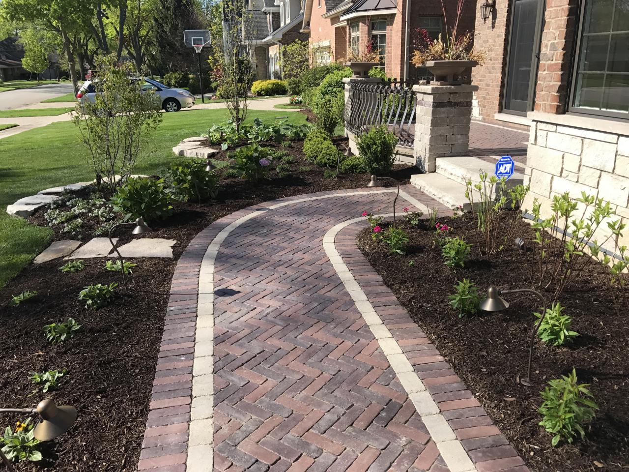 Front walkway door path custom landscaping design pavers brick next entry il brook oak back downers grove Front paver walkway